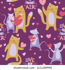 Pair of cute animals in love - a cat and a rat. Seamless pattern. The inscription is love in the air. Vector illustration. Textile, wrapping paper with valentines.