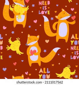 Pair of cute animals in love - fox and chicken. Seamless pattern. Lettering - all you need is love. Vector illustration. Textile, wrapping paper with Valentine's day characters. 