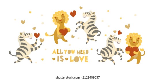 A pair of cute animals in love - a lion and a zebra in different poses. Seamless pattern. Lettering - all you need is love. Vector illustration.