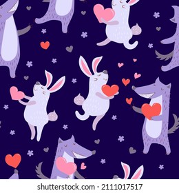 Pair of cute animals in love - wolf and hare with hearts. Seamless pattern. Vector illustration. Textile, wrapping paper with valentines.