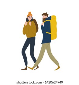 Pair of cute backpackers walking together. Boyfriend and girlfriend hiking or backpacking in nature. Male and female tourists or hikers in adventure travel. Flat cartoon colorful vector illustration.