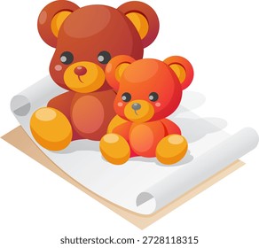 Paar süße braune und orangefarbene Teddybär Plüsch Spielzeug oder Stofftiere sitzen zusammen auf einem weißen Papier Rollen oder abgerollt Pergament auf transparentem Hintergrund