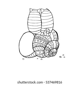 Pair of cute cartoon cat sitting on a seashell on the beach, zentangle holiday page for adult colouring book,  design for Saint Valentine's Day