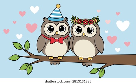 Pair of cute cartoon owls perched on a branch, one with a party hat and bowtie and the other with a flower crown.