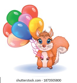 Pair of cute cartoon squirrel with beautiful eyes with balloons in the paw