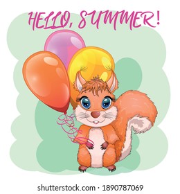 Pair of cute cartoon squirrel with beautiful eyes with balloons in the paw, Summer is coming inscription