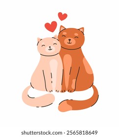 A pair of cute cats in love. Flat vector illustration.