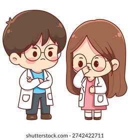 A pair of cute chibi doctor and scientist characters in lab coats with glasses. Male and female professional medical team in serious and thinking poses for healthcare design.