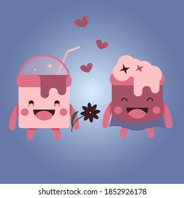 A pair of cute cups with eyes. Couple with a flower. Cartoon lovers cups.