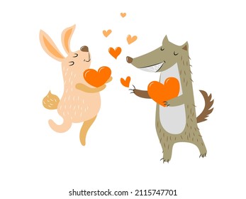 A pair of cute dancing animals in love - a hare and a wolf, holding a heart in their paws.