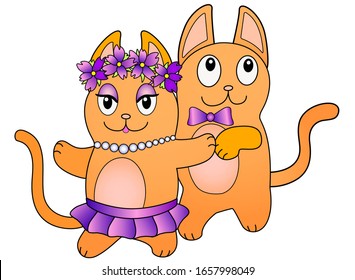 A pair of cute dancing red cats - vector full color picture. Funny cat and his girlfriend are dancing in pairs. There are beads on the kitty, a purple skirt and a wreath, and a bow tie