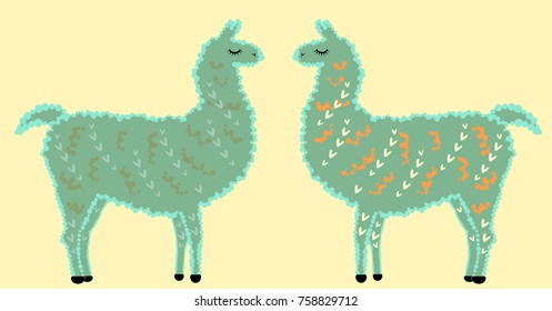 A pair of cute Designer Llama, alpaca of sea-green color, with fur, hearts and eyes closed