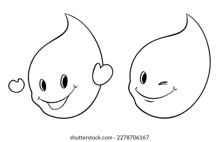 Pair of cute droplets, one with happy gesture and raised hands and the other with winking expression. Design in outlines for coloring.