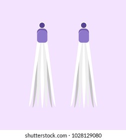 Pair of cute earrings colorful vector illustration isolated on bright background, lilac jewelry with white decorative strings, framed rounded clips