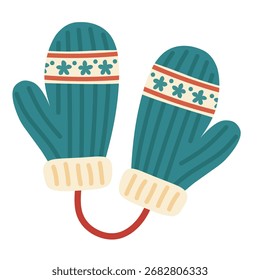 A pair of cute flat-style mittens connected by a string, perfect for winter and Christmas-themed designs. 