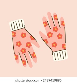 A pair of cute floral garden gloves. Farming equipment. Agriculture, planting, cultivation tools. Hand drawn farmer accessory. Vector graphic