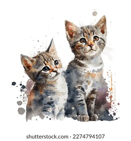 Pair of cute fluffy kittens. Imitation of watercolor painting.