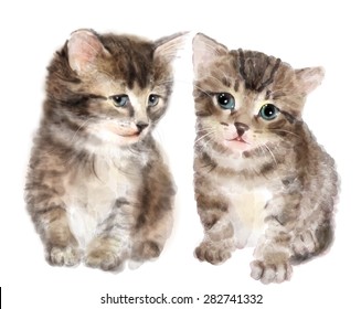 Pair of cute fluffy kittens.  Imitation of watercolor painting.