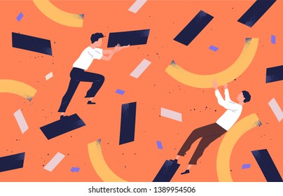 Pair of cute funny men collecting scattered abstract geometric shapes and organizing them. People holding rectangles and curves. Colorful vector illustration in contemporary flat cartoon style.