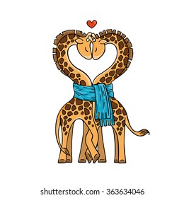 A pair of cute giraffes in love with a common scarf. Neck curved in the shape of heart. Vector illustration.