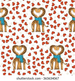 A pair of cute giraffes in love with a common scarf. Neck curved in the shape of heart. Seamless pattern. Vector.