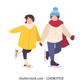 Pair of cute girls holding hands and ice skating together. Seasonal recreational activity for children. Funny cartoon characters isolated on white background. Colored flat vector illustration.