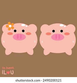 Par de cerdos rosados dibujados a mano lindo, pegatinas animales lindos, garabatos