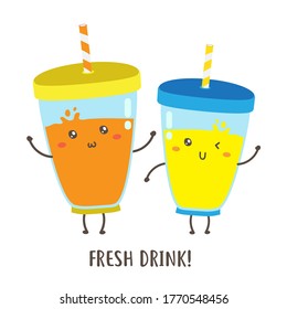 pair of cute happy fresh drink in a glass with straw vector design