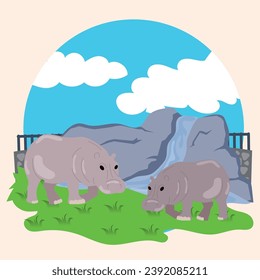 Pair of cute hippos on a zoo Vector illustration