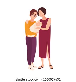 Pair of cute homosexual women standing together, holding newborn baby and smiling. Happy LGBT family with child. Flat cartoon characters isolated on white background. Colorful vector illustration.