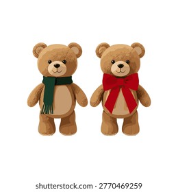 Pair of Cute Light Brown Teddy Bears with Holiday Scarves