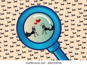 A pair of cute lovers ants each other under magnifying glass or or loops on black ants background. Concept Love destiny and Valentine's day. Illustration vector. 