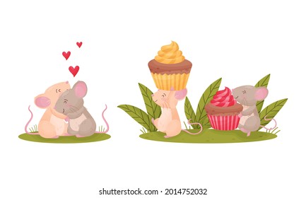 Pair of Cute Mice Carrying Cupcake and Embracing Each Other Vector Set