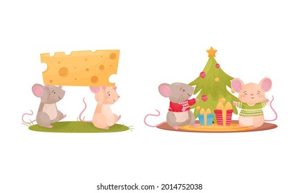 Pair of Cute Mice Celebrating Christmas Holiday and Carrying Cheese Slab Vector Set