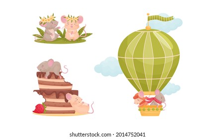 Pair of Cute Mice Flying on Hot Air Balloon and Sitting on Meadow Vector Set