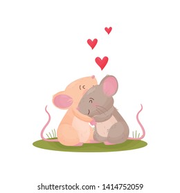 Pair of cute mice hugging in a meadow. Vector illustration on white background.