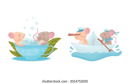 Pair of Cute Mice Sailing on Boat and Bathing in Cup Vector Set
