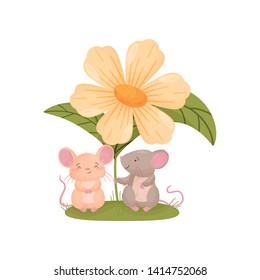 Pair of cute mice sits under a large orange flower. Vector illustration on white background.