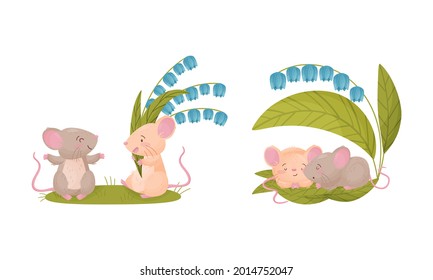 Pair of Cute Mice Sleeping on Green Leaf and Holding Flower Bouquet Vector Set