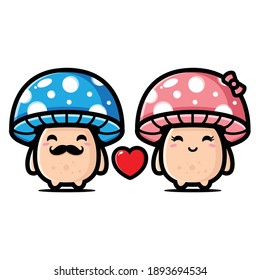 a pair of cute mushrooms loves each other