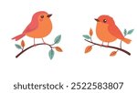 A Pair of Cute Orange Robin Bird Animal Perched on Tree Branch