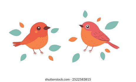 A Pair of Cute Orange Robin Bird Animal with Leaves in the Park