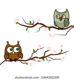 pair of cute  owls on branch of blooming magnolia. Vector template for greeting cards, posters and other. isolated on white background. Vector summer or spring design.