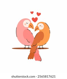 A pair of cute parrots in love. Flat vector illustration.