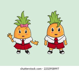 a pair of cute pineapple characters in elementary school uniforms