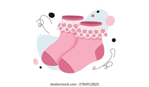 Pair of cute pink baby socks with white frilly lace and flower patterns decorated with abstract shapes in the background.