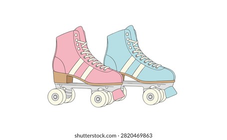 Pair of cute pink and light blue retro roller skates with white laces.