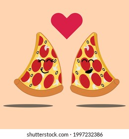 A pair of cute pizzas look at each other in love on a solid background with hearts. End of love and food