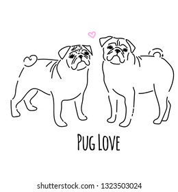 A pair of cute pugs. Dogs in love.  Children's illustration. Little puppy. Funny baby animal. Can be used for t-shirt print, kids wear fashion design, baby shower invitation card.