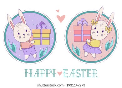 A pair of cute rabbits. Easter bunny girl and boy with a big gift box on a decorative round background with leaves. Vector Color illustration. Happy Easter greeting card
